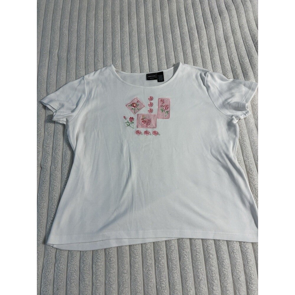 Vtg Bobbie Brooks T-Shirt Women XL White Pink Embroider Flowers Bloomcore Grandm